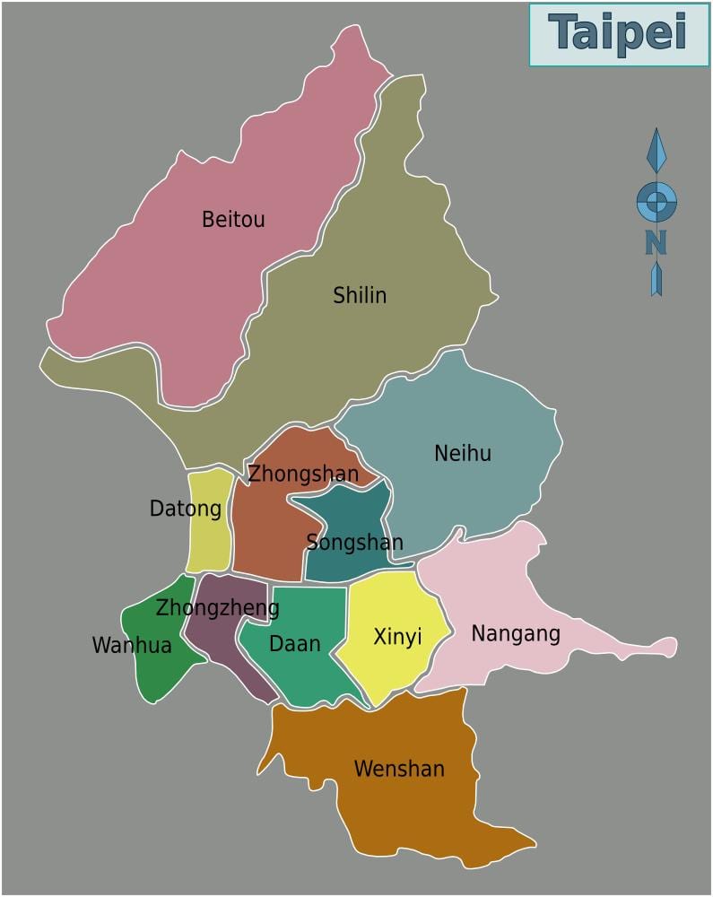 ไทเปเมืองเขตบนแผนที่